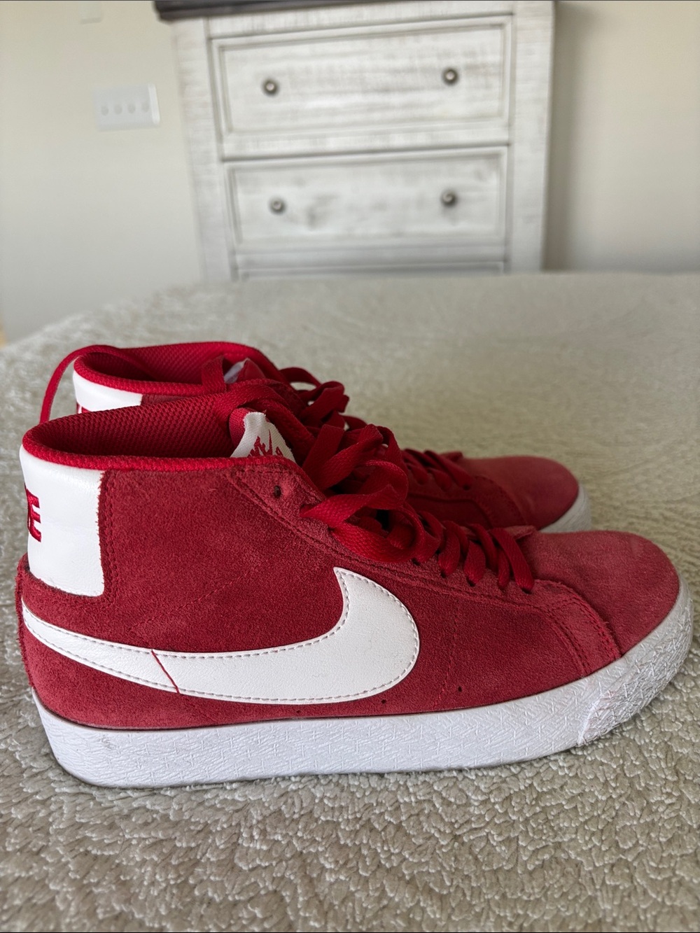 Nike youth Red Suede High-Top Sneakers with White Swoosh